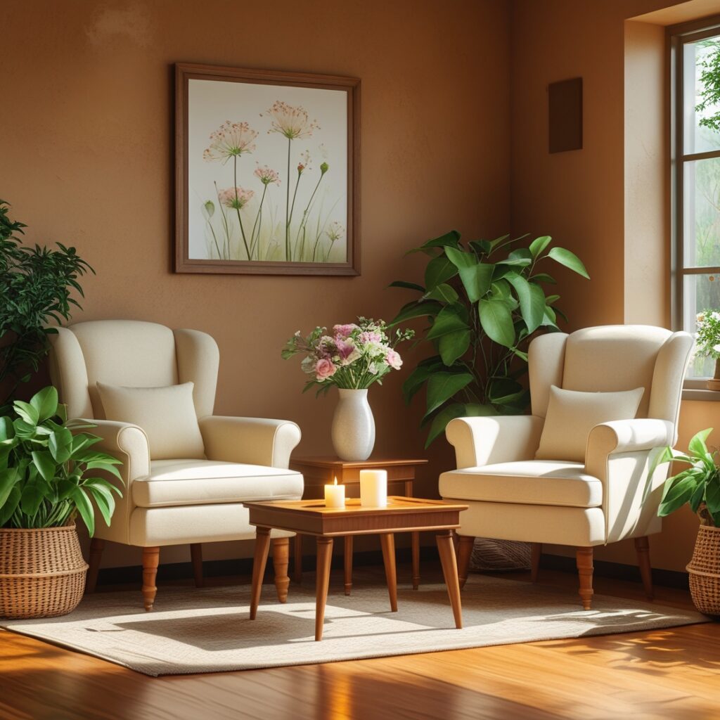 A cozy and professional office space featuring a beige upholstered sofa with patterned throw pillows, a matching plush armchair, and a dark wooden desk with a laptop, clock, and lamp. A wooden chair is positioned at the desk. Large windows with partially closed blinds allow natural light to filter in, and a potted plant adds greenery in the corner. The room has a neutral color palette with a carpeted floor, creating a warm and inviting atmosphere.